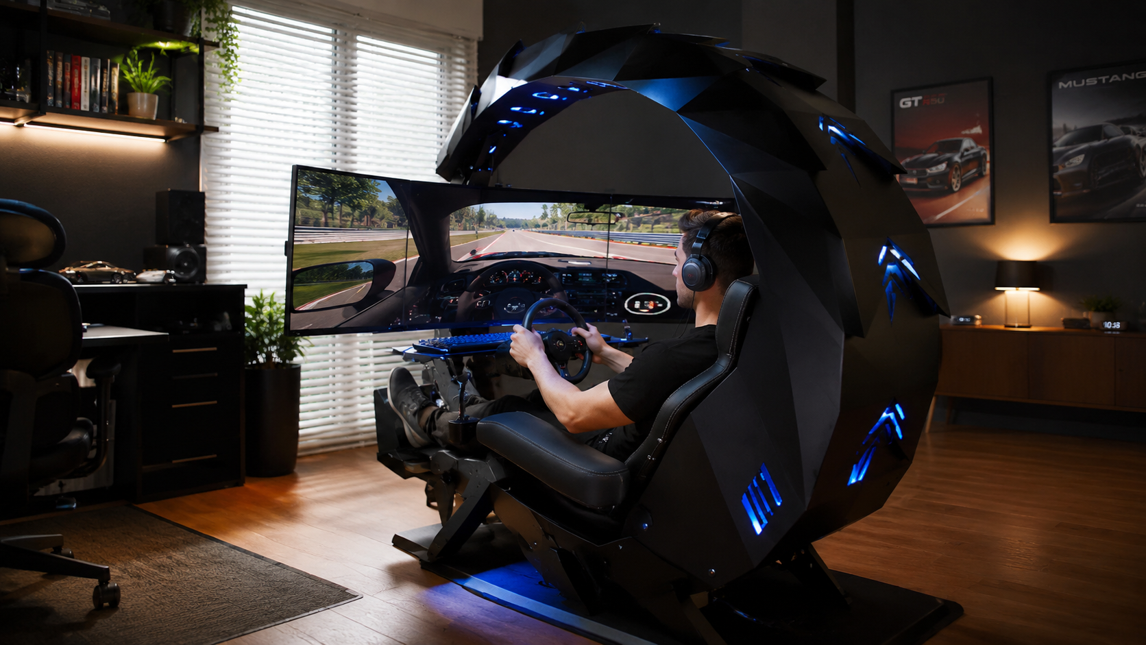 Cockpit configured for gaming and sim racing